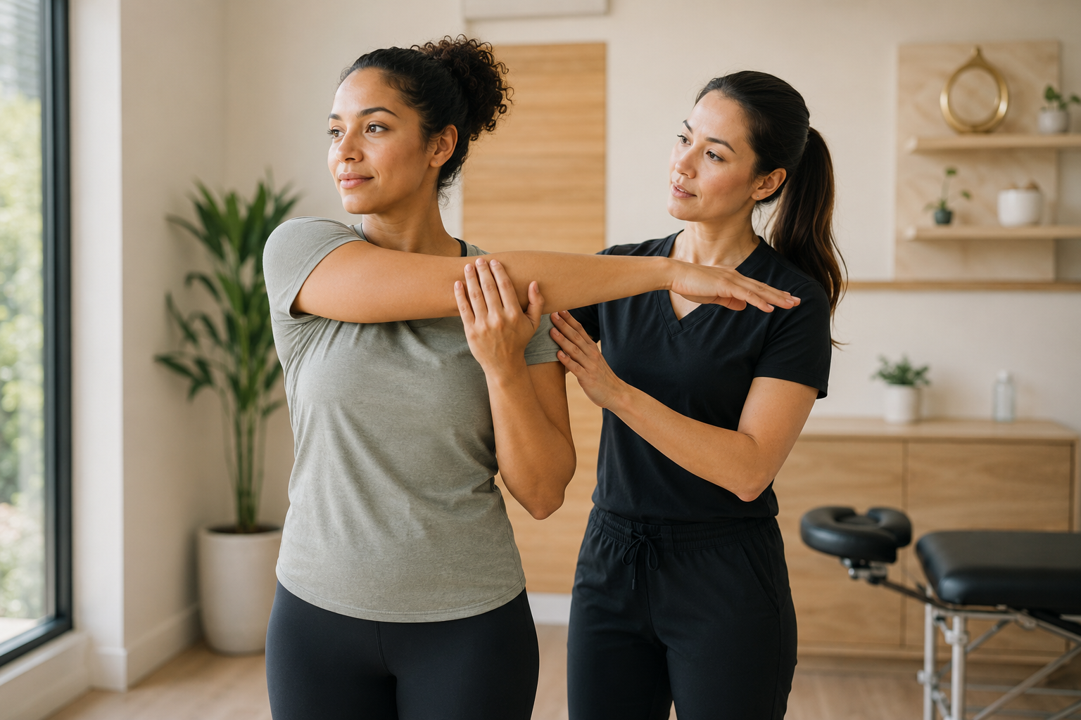 Patient performing guided therapeutic stretching and exercise